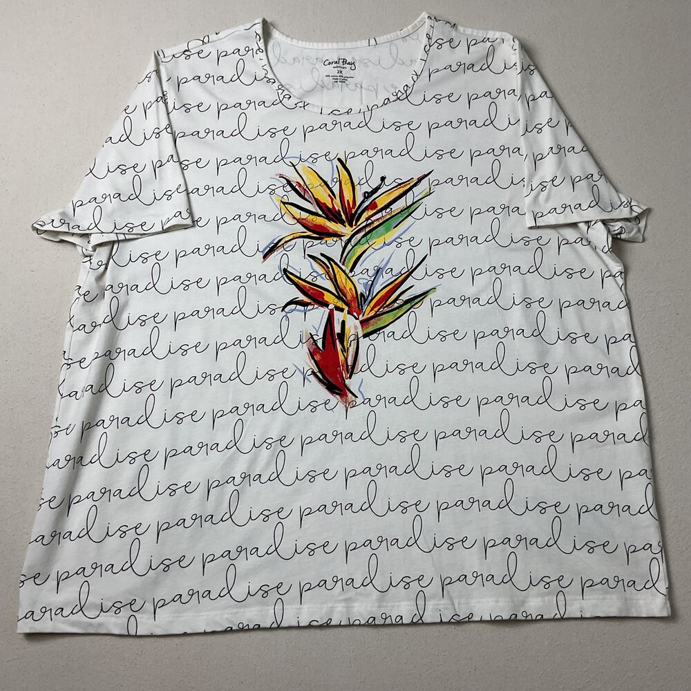 Coral Bay Womens 2X Floral Paradise White Casual T Shirt